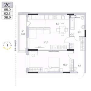 2-к квартира, строящийся дом, 62м2, 5/9 этаж