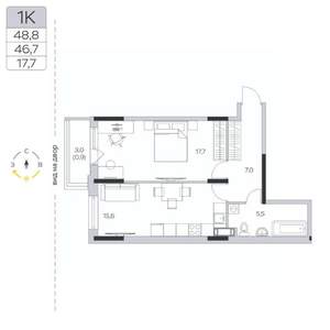 1-к квартира, строящийся дом, 47м2, 3/9 этаж