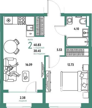 2-к квартира, строящийся дом, 41м2, 7/25 этаж