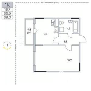1-к квартира, вторичка, 38м2, 2/9 этаж