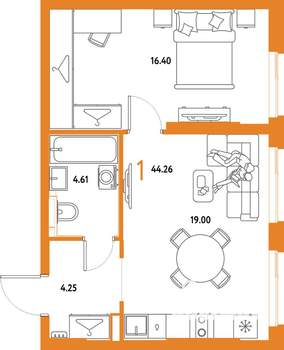 1-к квартира, строящийся дом, 44м2, 2/25 этаж