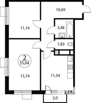2-к квартира, вторичка, 55м2, 1/4 этаж