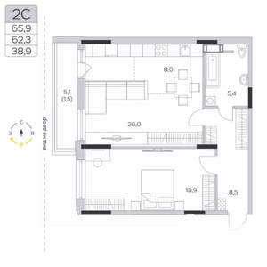 2-к квартира, строящийся дом, 63м2, 7/9 этаж