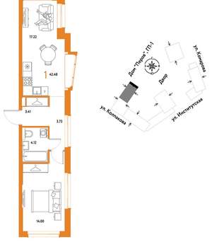 1-к квартира, вторичка, 42м2, 3/6 этаж