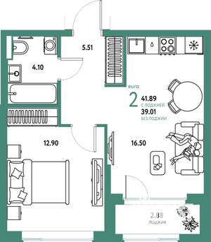 2-к квартира, вторичка, 42м2, 8/25 этаж