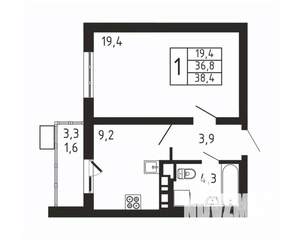1-к квартира, вторичка, 38м2, 3/9 этаж