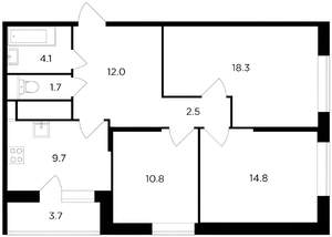 3-к квартира, вторичка, 74м2, 3/18 этаж