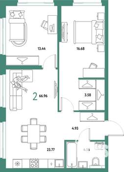 2-к квартира, строящийся дом, 67м2, 22/25 этаж