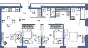 4-к квартира, строящийся дом, 79м2, 19/25 этаж