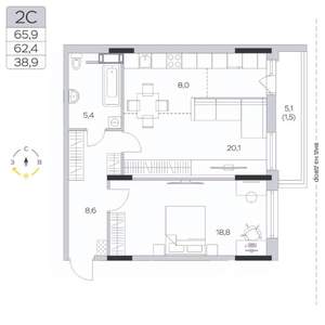 2-к квартира, строящийся дом, 62м2, 5/9 этаж