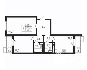 2-к квартира, вторичка, 66м2, 4/9 этаж