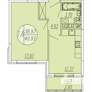 1-к квартира, строящийся дом, 41м2, 1/4 этаж