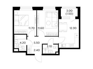 2-к квартира, строящийся дом, 52м2, 16/20 этаж