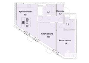 2-к квартира, строящийся дом, 55м2, 19/23 этаж