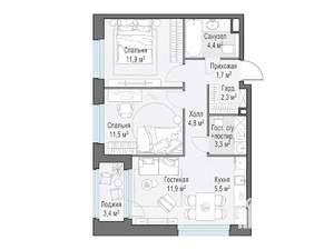 2-к квартира, строящийся дом, 57м2, 9/17 этаж