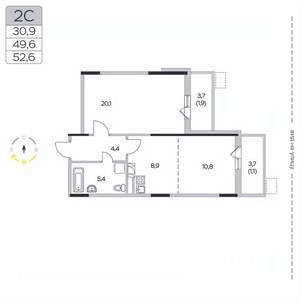 2-к квартира, вторичка, 53м2, 2/9 этаж