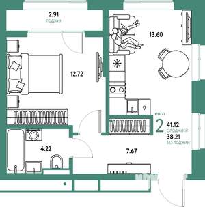 2-к квартира, строящийся дом, 41м2, 19/25 этаж