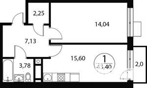 1-к квартира, строящийся дом, 43м2, 2/4 этаж