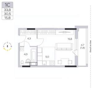 Студия квартира, вторичка, 30м2, 8/9 этаж