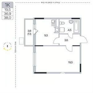 1-к квартира, вторичка, 38м2, 2/9 этаж