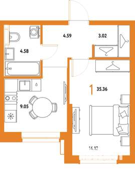 1-к квартира, строящийся дом, 35м2, 12/25 этаж