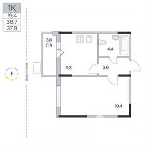 1-к квартира, вторичка, 38м2, 4/9 этаж