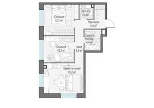 2-к квартира, строящийся дом, 54м2, 14/23 этаж