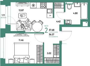2-к квартира, строящийся дом, 38м2, 15/25 этаж