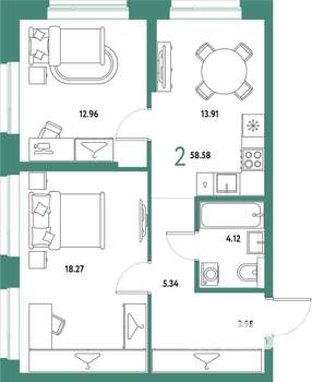 2-к квартира, строящийся дом, 59м2, 12/25 этаж
