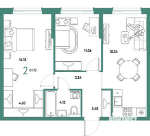 2-к квартира, строящийся дом, 61м2, 9/25 этаж