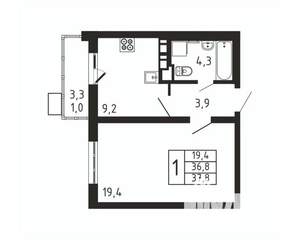 1-к квартира, вторичка, 38м2, 2/9 этаж