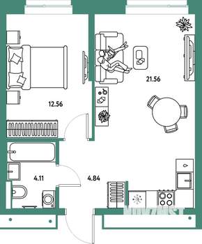 2-к квартира, вторичка, 43м2, 12/25 этаж