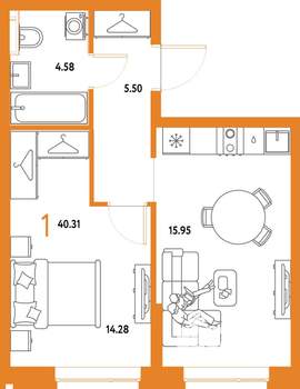 1-к квартира, строящийся дом, 40м2, 12/25 этаж