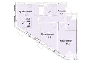 2-к квартира, строящийся дом, 55м2, 4/23 этаж