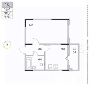 1-к квартира, вторичка, 38м2, 8/9 этаж