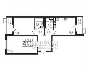 2-к квартира, вторичка, 66м2, 9/9 этаж