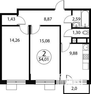 2-к квартира, строящийся дом, 54м2, 1/4 этаж