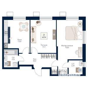 2-к квартира, строящийся дом, 62м2, 8/21 этаж
