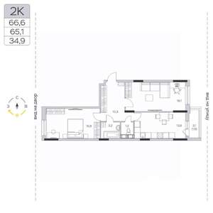 2-к квартира, строящийся дом, 65м2, 7/9 этаж