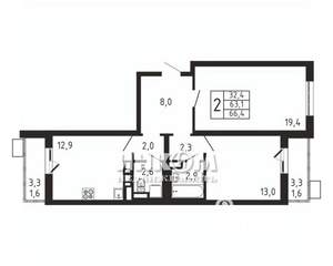 2-к квартира, вторичка, 66м2, 6/9 этаж