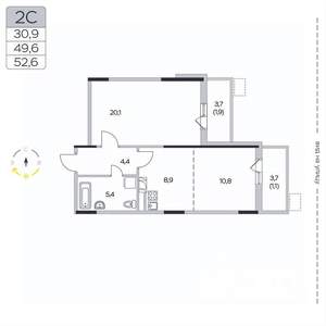 2-к квартира, вторичка, 53м2, 3/9 этаж