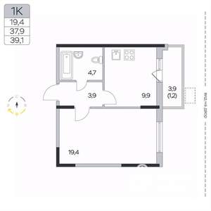 1-к квартира, вторичка, 39м2, 8/9 этаж