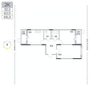 2-к квартира, вторичка, 66м2, 3/9 этаж