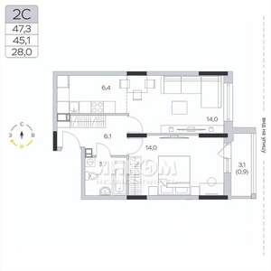 1-к квартира, вторичка, 45м2, 5/9 этаж