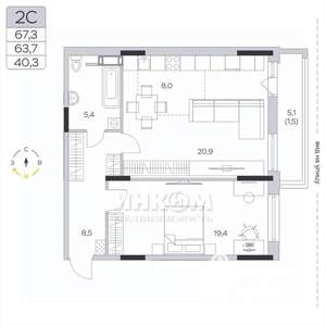 2-к квартира, вторичка, 64м2, 3/9 этаж