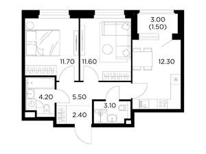 2-к квартира, строящийся дом, 51м2, 16/20 этаж