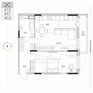 2-к квартира, вторичка, 64м2, 5/9 этаж