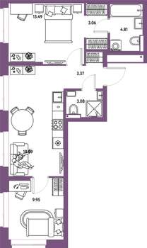 3-к квартира, строящийся дом, 56м2, 14/25 этаж