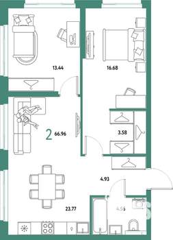2-к квартира, строящийся дом, 67м2, 16/25 этаж
