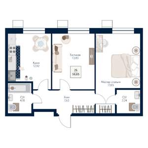 2-к квартира, строящийся дом, 59м2, 8/21 этаж